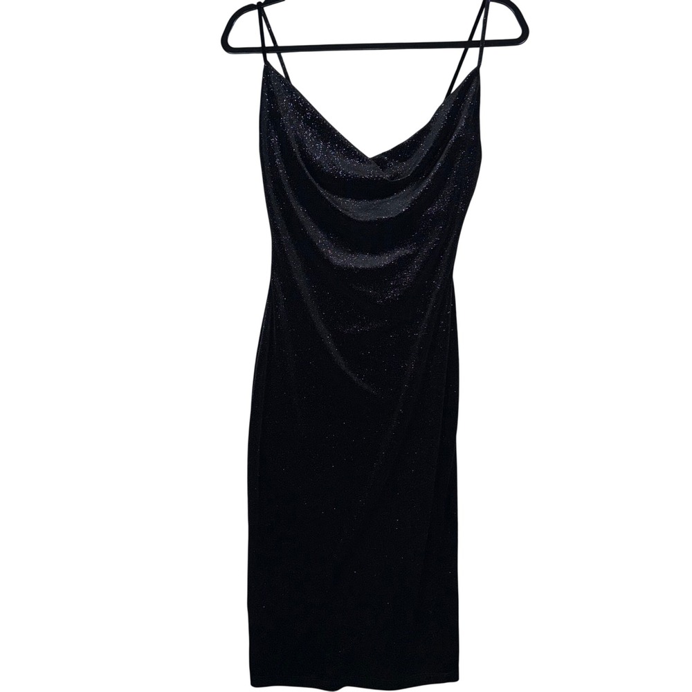 Iris Bodycon Dress Women Small Black Glitter Cowl Neck Party Cocktail Sparkle